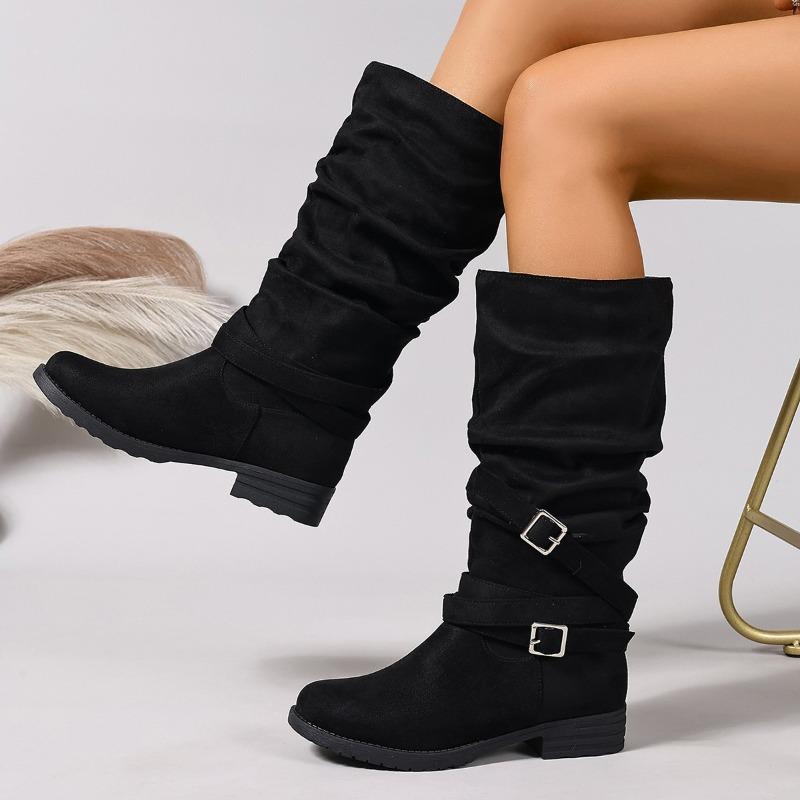 Women's Wide Width Suede Riding Boots, Chunky Heel Round Toe Knee High Boots, Buckle Detail Stacked Foldable Long Boots