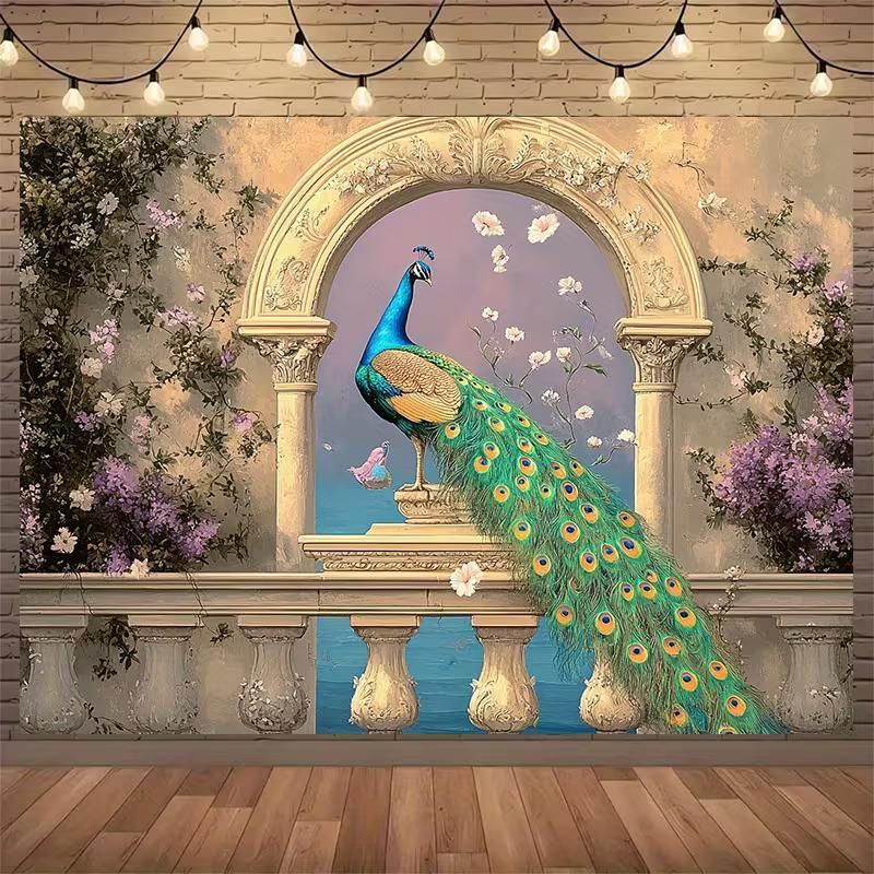 2D Elegant Peacock On Balcony Backdrop, 2D Luxury Floral Decor