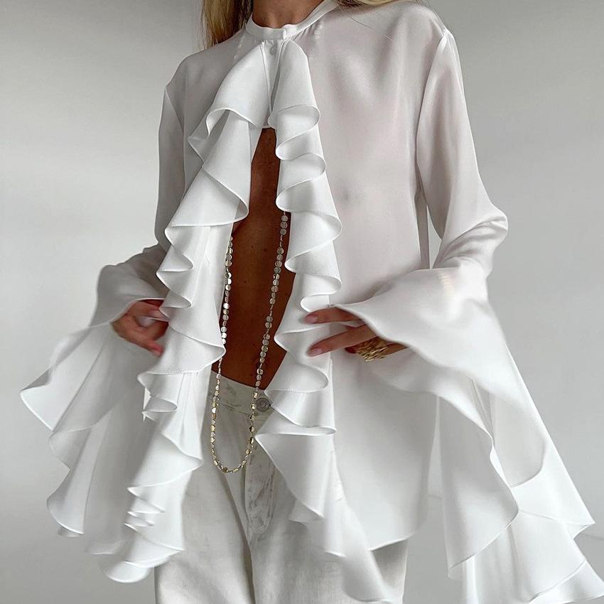 Women's White Fashion Patchwork Lace Flared Sleeves Loose Ruffled French Shirt Temperament Summer Women  Elegant Chiffon Blouses