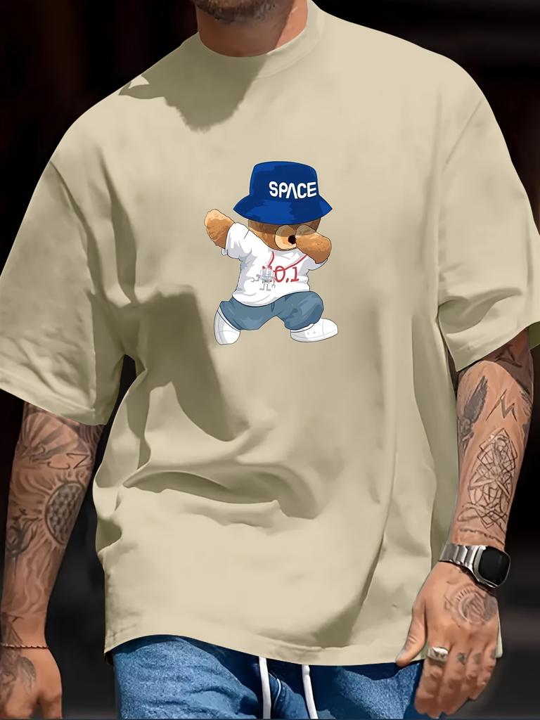 Playful And Quirky Bear Printed, Men's Casual Trendy Fashion Crew Neck T-shirt For Summer And Spring