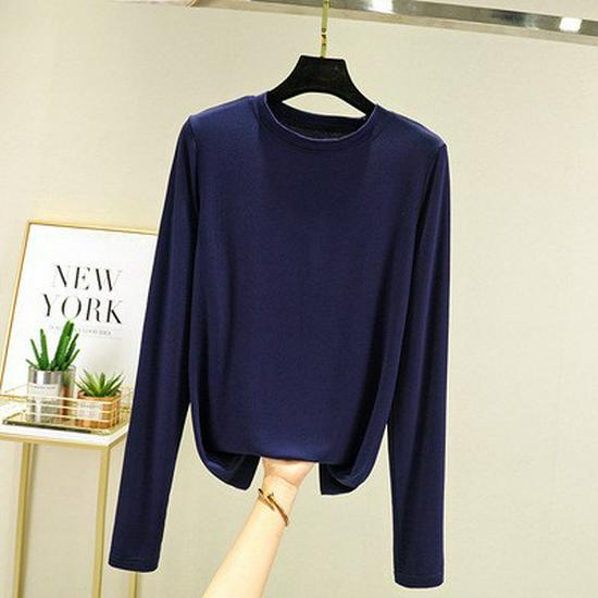 Women's Loose Korean-Style Modal Long-Sleeve Shirt - Spring/Autumn, Round Neck, Slimming, Versatile, Plus Size.