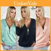 Women Fashion Full Sleeve Sexy Deep V Neck Blouse Plus Size Sweater Zipper Stylish Cotton Blend