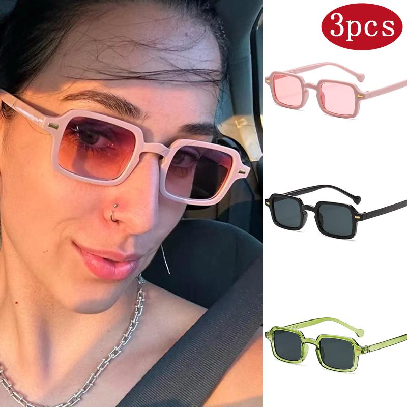 3set Fashion Rivets Square Sunglasses Women Vintage Gradient Shades Men Leopard Blue UV400 Sun Glasses