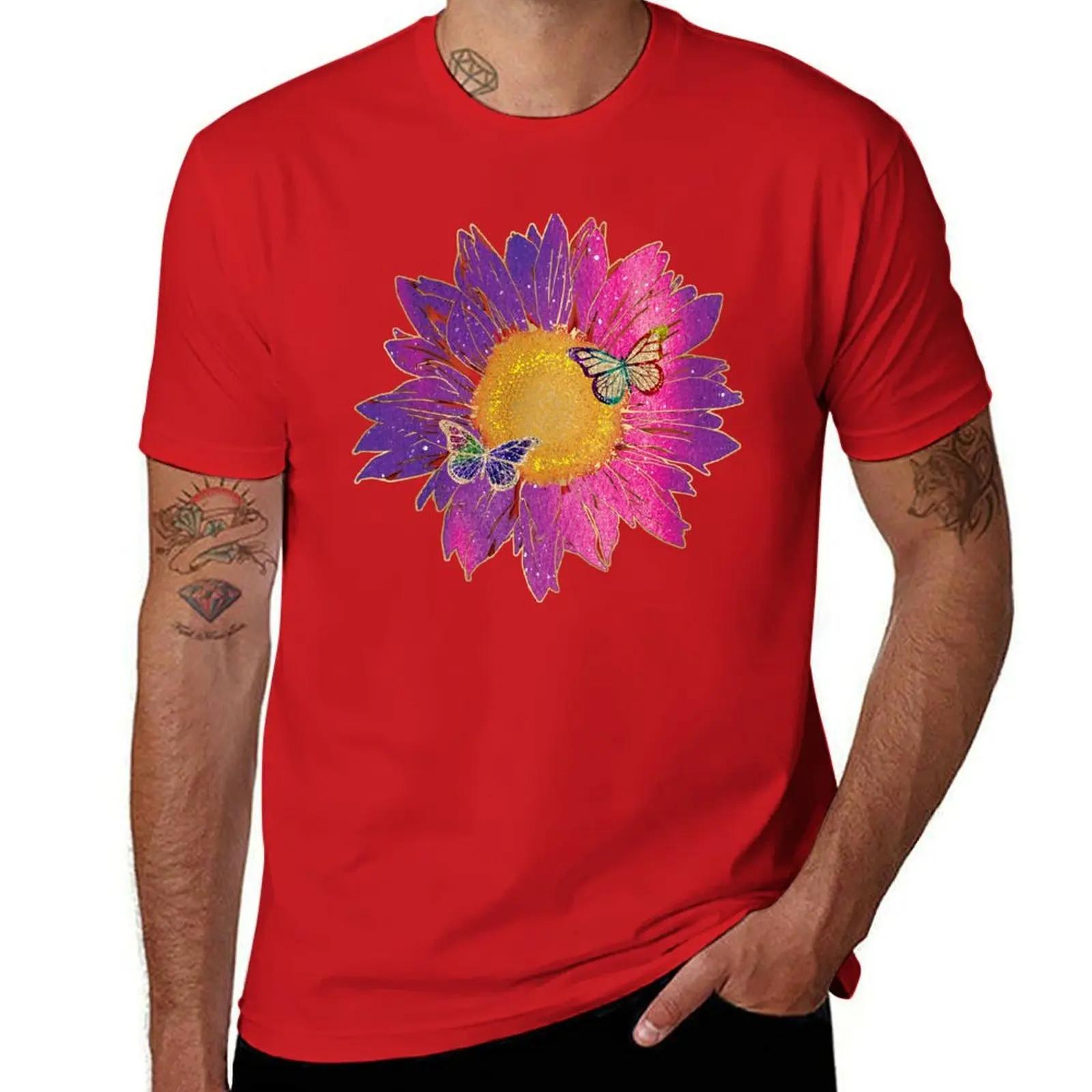 Pink Sunflower with Golden Rainbow Glitter Butterflies T-Shirt anime tshirt summer tops men t shirt S