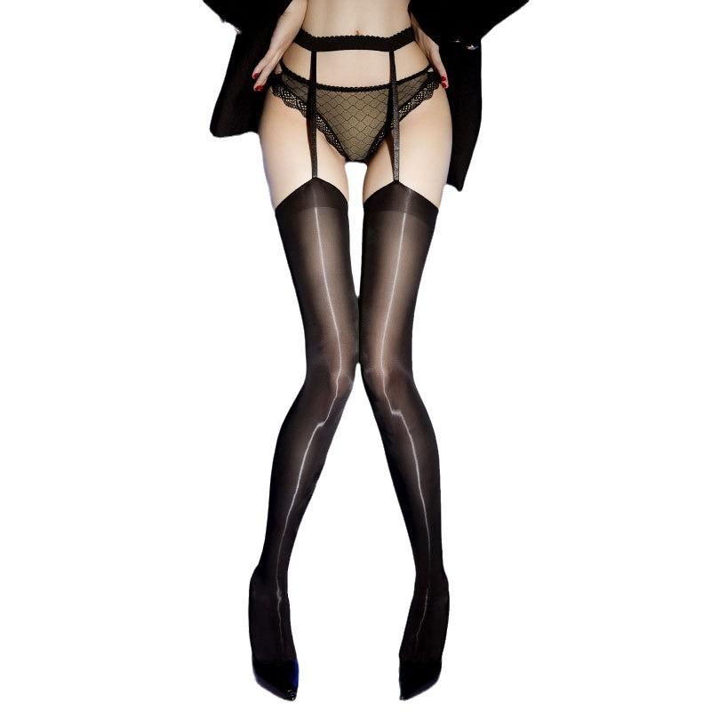 Garter Stockings for Women, Shiny and Silky, High Density 912 Needle Horse Oil Stockings, Sexy Long Tube One-Piece Color-Block T