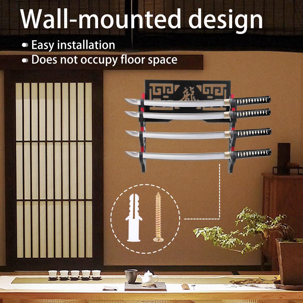 2/4 Layer Wooden Sword Stand Wall Mounted Samurai Sword Display Stand Fine Black Katana Display Rack for Home Office Decoration