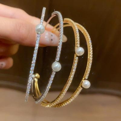 Korean Style Elegant Multi-Layer Pearl & Cubic Zirconia Open Bangle Bracelet