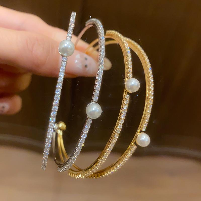 Korean Style Elegant Multi-Layer Pearl & Cubic Zirconia Open Bangle Bracelet