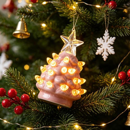 Cozy Christmas Party Supplies Tree Ornament, Glowing Retro Resin Tabletop Decor with Star Mini Decorations Topper, Vintage Xmas Trees Night Light for