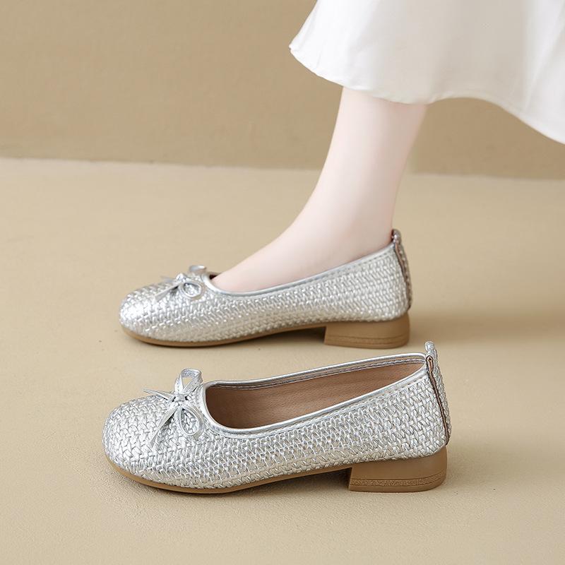 French thick heel woven single shoes women's 2025 autumn and summer new bow with skirt one pedal soft-soled beanie shoes