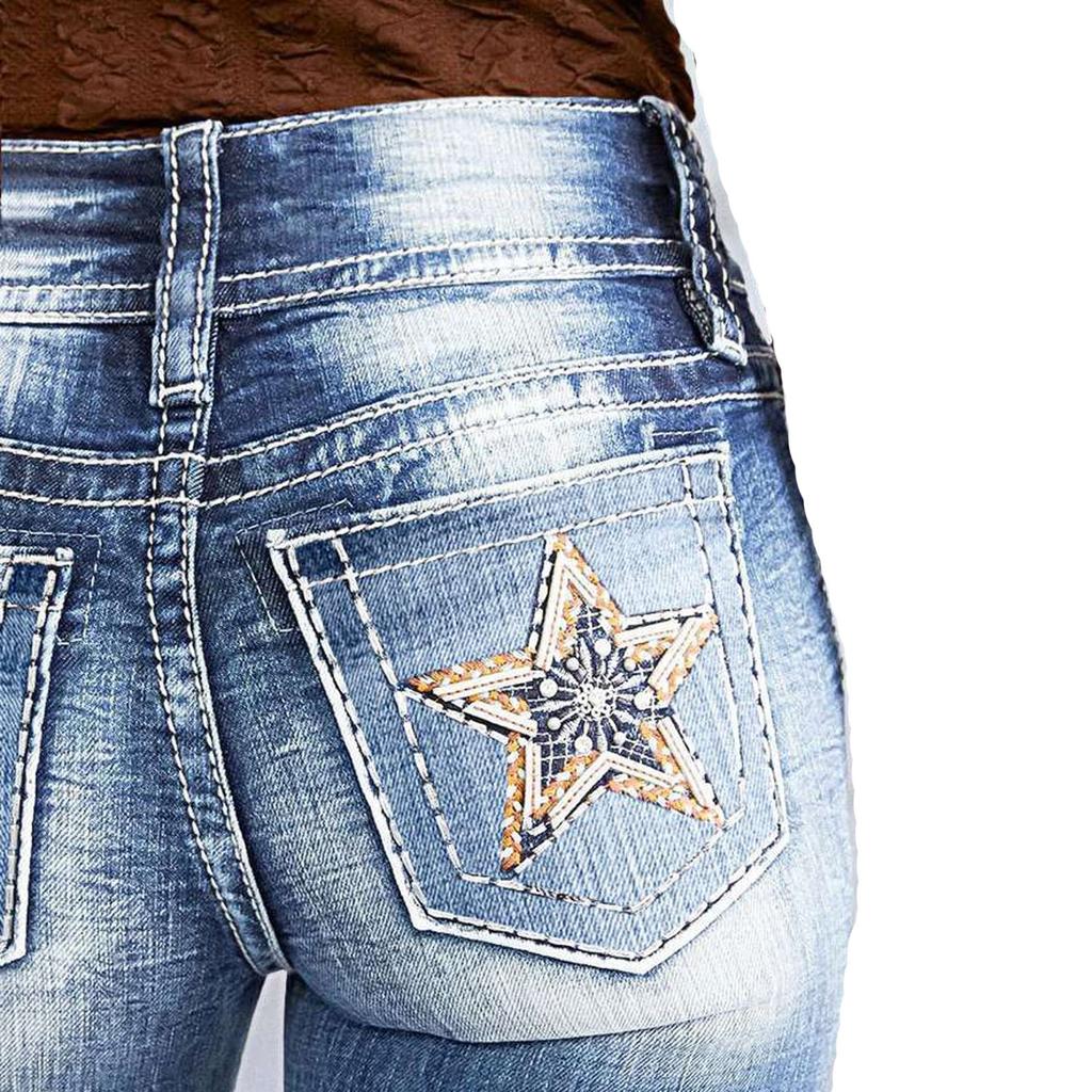 Fashion Women's Slim Fit Flared Casual High Waist  Blue Jeans With Pockets