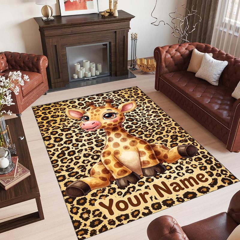 Leopard Theme Crystal Velvet Floor Rug Personalized Custom Name Text Warm Carpet Home Decoration