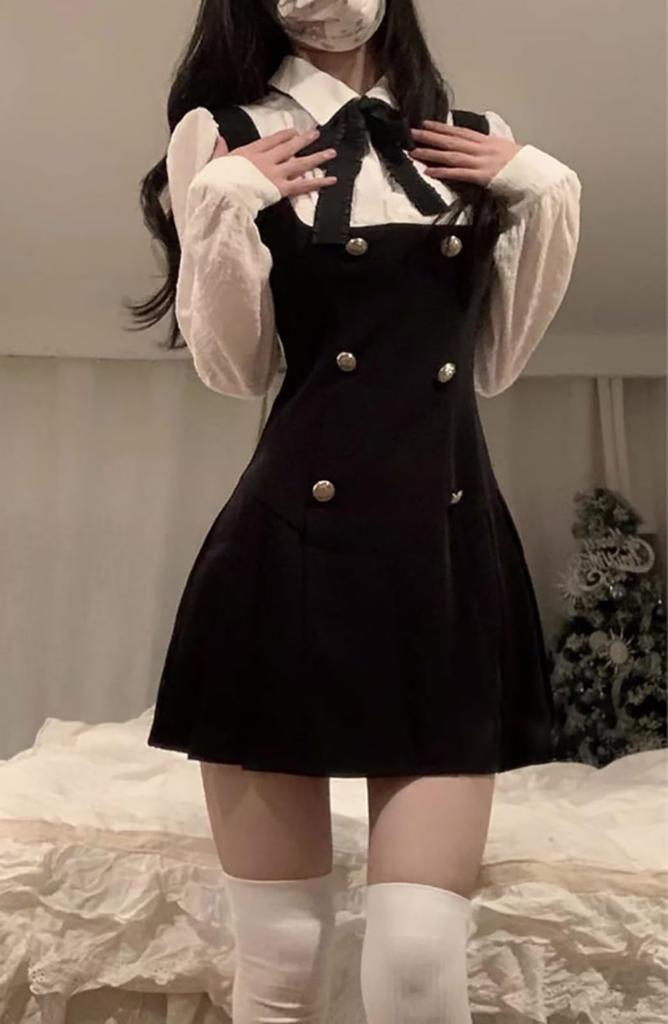 LAVASEON Korean Style Docking Mini Bow Tie Long or Short Schoolgirl Cute High Elegant Women's Dress, Dress, Detail, Sleeve, Style, Ruffles, Waist,