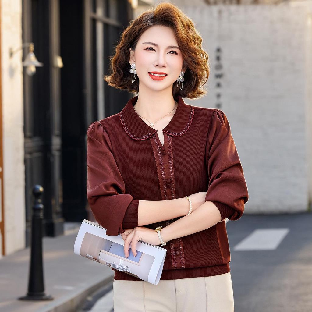 Stylish 2026 Spring Top for Middle-Aged & Elderly Women: Long-Sleeved, Slim-Fit Apparel