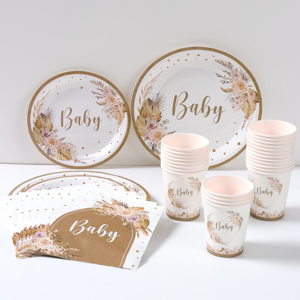 Baby Floral Printed Tableware Set Paper Plate Cup Napkin Baby Shower Boy Girl Birthday Party Decoration Kids Party Supplies
