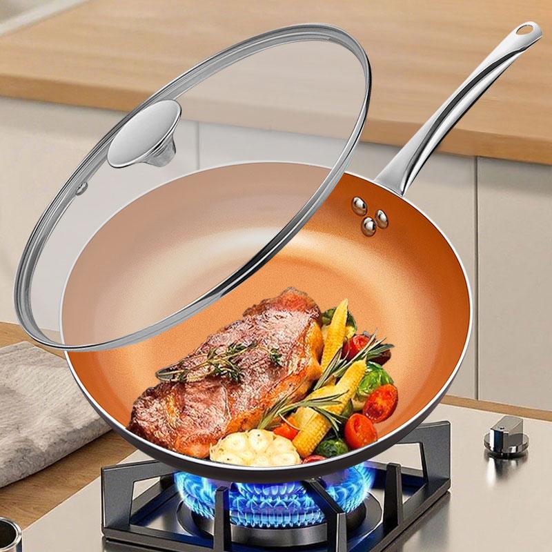 8"10" Copper Nonstick Frying Pan with Lid Titanium Ceramic Interior Saute Pan Omelet Pan Kitchen Cooking Skillet Cookware