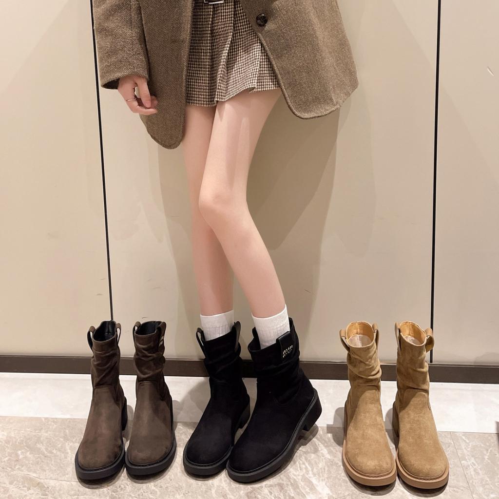 Fleece retro pleated suede Martin boots 2024 autumn and winter new small pile boots small short boots women