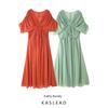 Kaslead New Women Clothes Western Style Two Colors Pleat V-neck Design Sense Dress 2627219