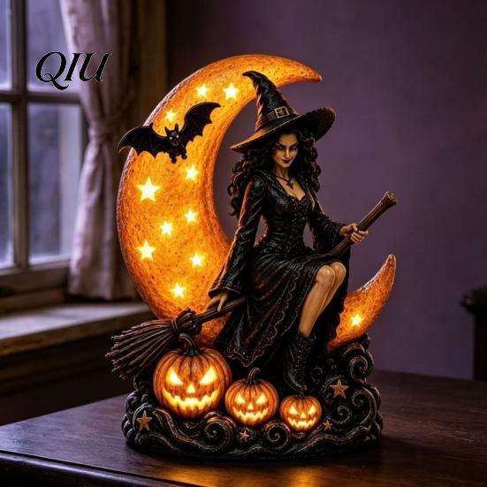 Detailed Fantasy Figurines Halloween Witch on Crescent Moon Decorative Light, Gothic Spooky Shelf Accents Lamp, Resin Figurine for Home Tabletop
