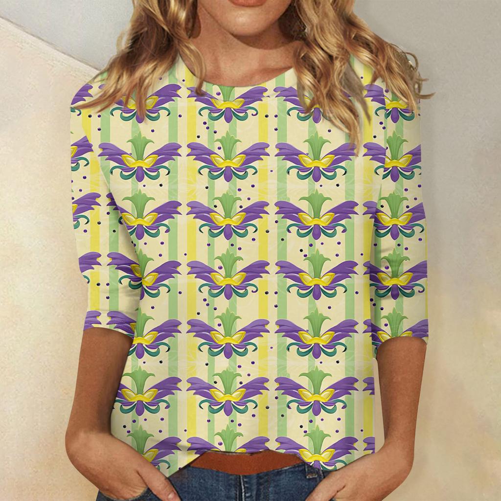 Ladies' Carnival Printed Fashionable Casual Seven Sleeve Round Neck Top