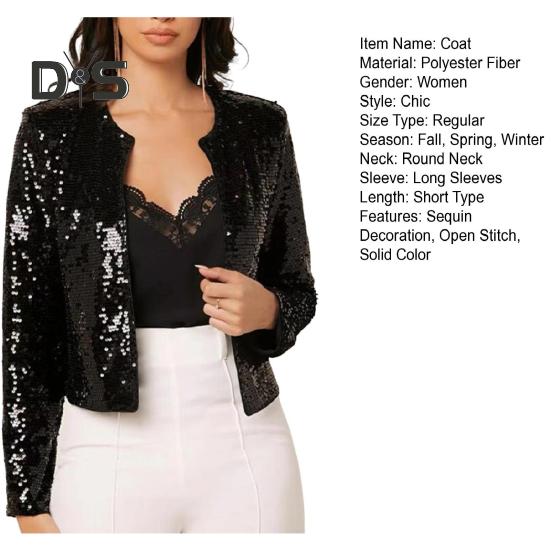 Kvinner Fest Paljettfrakk Rundhals Åpen søm Cardigan Langermet Kort Type Ensfarget Stage Performance Club Dance Jakke