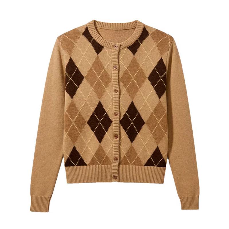 

Plus Size Diamond Pattern Khaki Knit Cardigan - Round Neck, Long Sleeve 5XL хаки