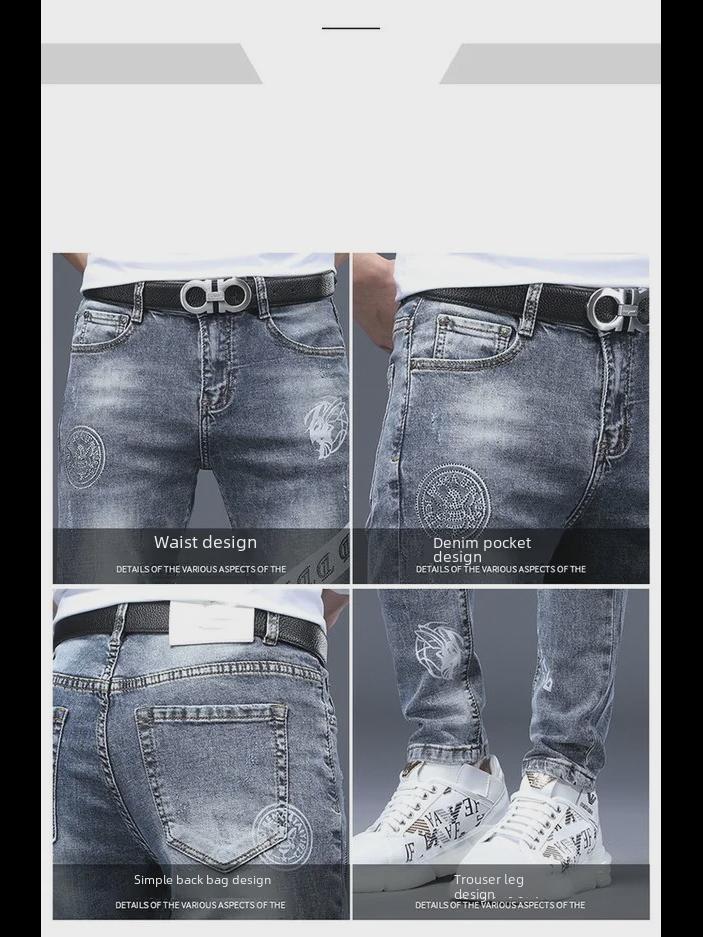 European Brand Men's Black Embroidered Slim-Fit Elastic Jeans – Korean Style Trendy Casual Pants.