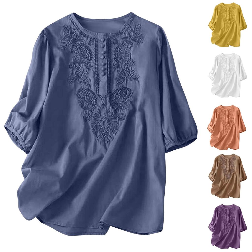 Women's Solid Color Vintage Loose Round Neck Thin Cotton Linen Tops Pullover Tops