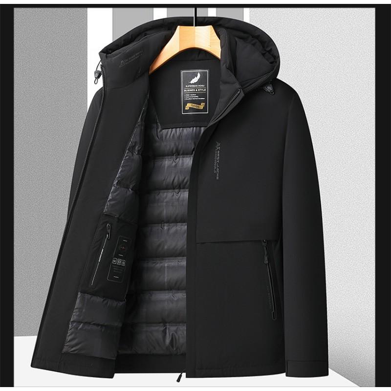 Herren Mittellange Kapuzen Daunenjacke Winter Warm Lässig Pufferjacke Mittleren Alters Herren Schwarz Khaki Marine