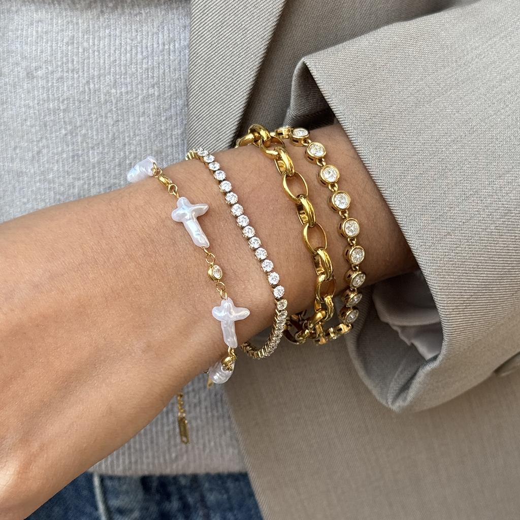 J&D 18K Gold Plate Stainless Steel Bracelet Classic Cross Acrylic Pearl White Cubic Zircon Bracelet