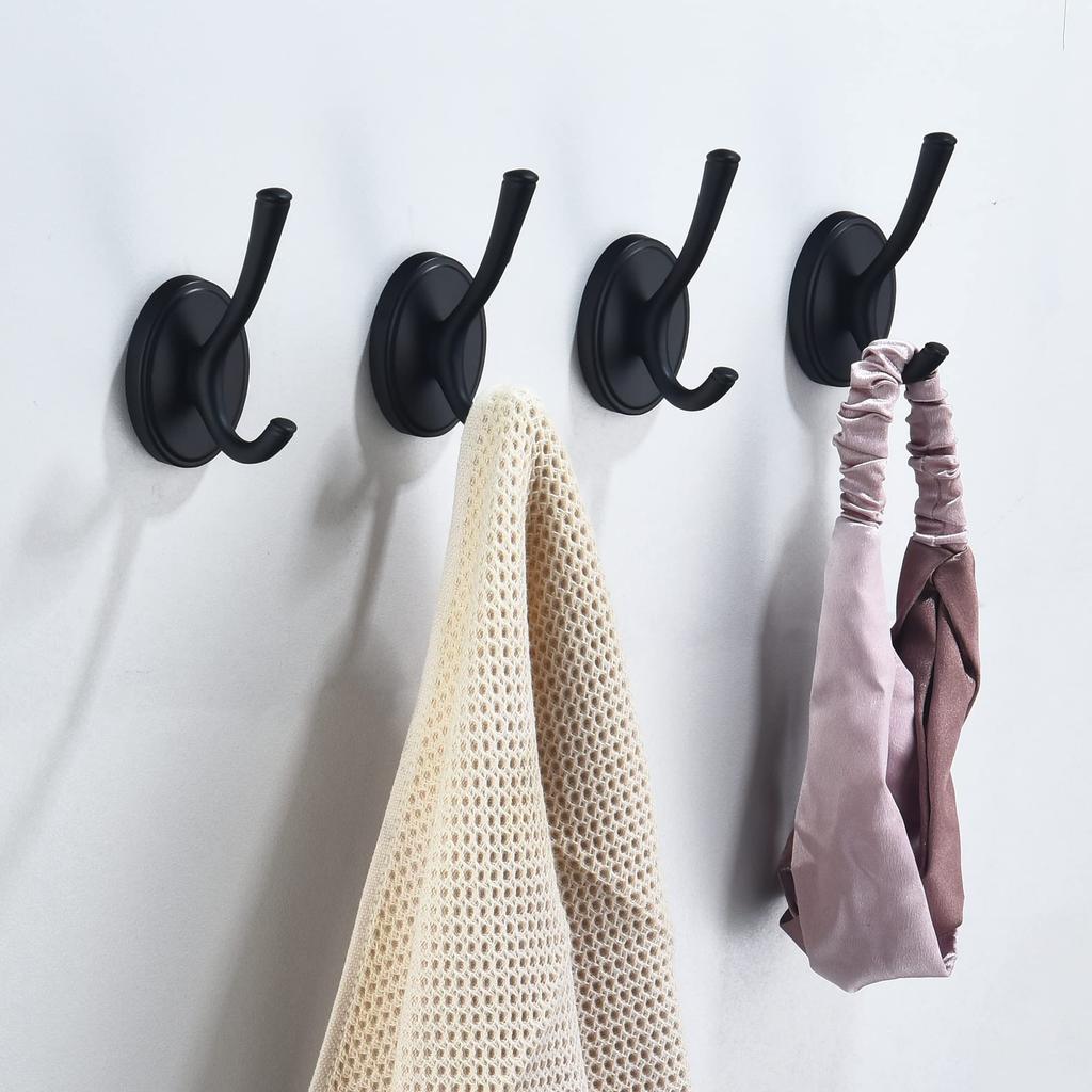 Black Coat Hooks 4-Pack Modern Metal Double Robe Hooks for Bathroom Bedroom Kitchen Hotel Garage - Wall-Mounted Towel Hooks with Space Aluminum Black