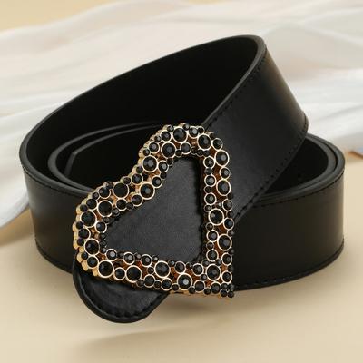 Women'S Spice Girl Style Personality Black Rhinestone Heart Buckle Belt Vintage Snap Buckle Personality Belt