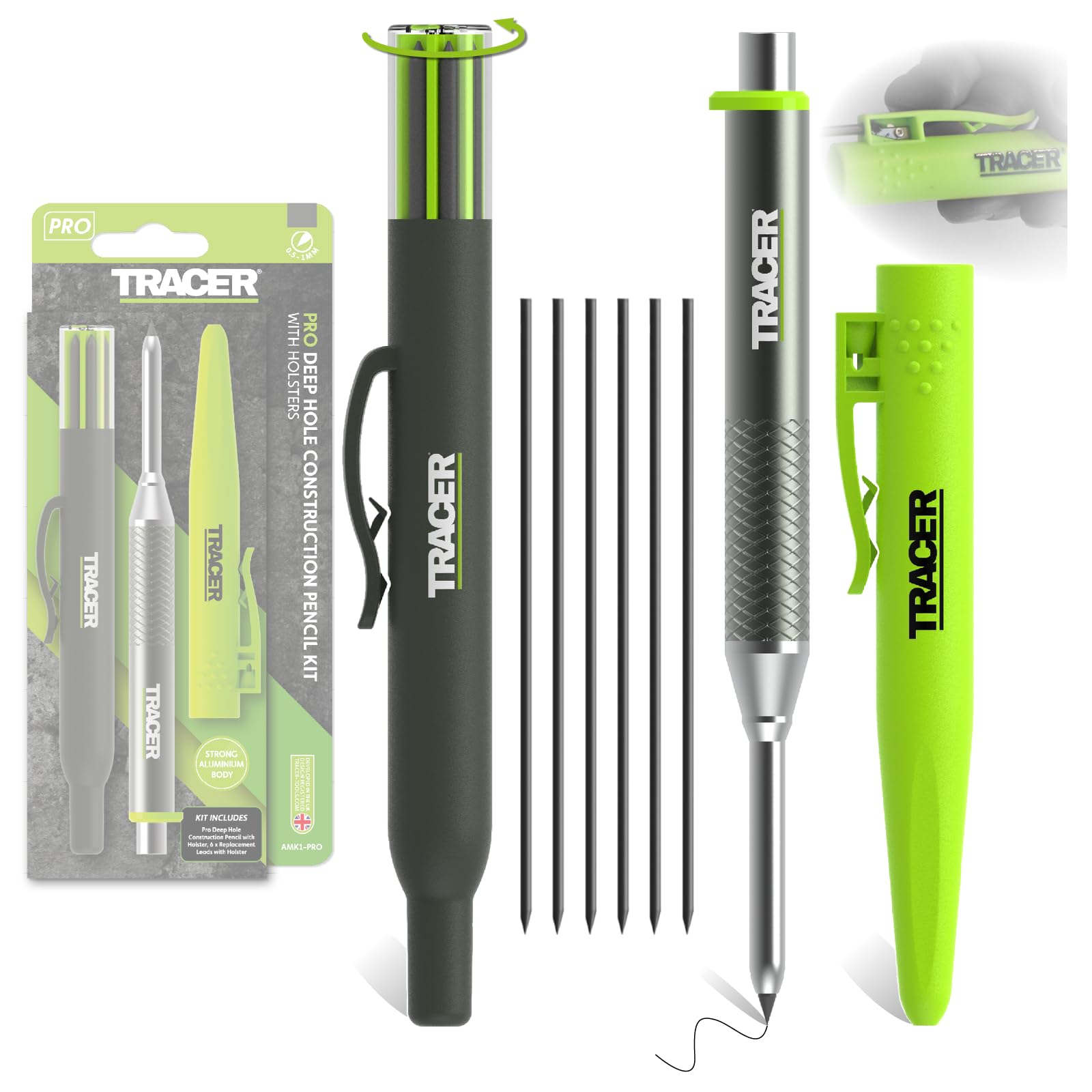 

Строительный карандаш Tracer Pro Series из алюминия для глубоких отверстий, набор для строительной разметки с 6 упаковками сменных грифелей и включенной кобурой для прицела, все в одном