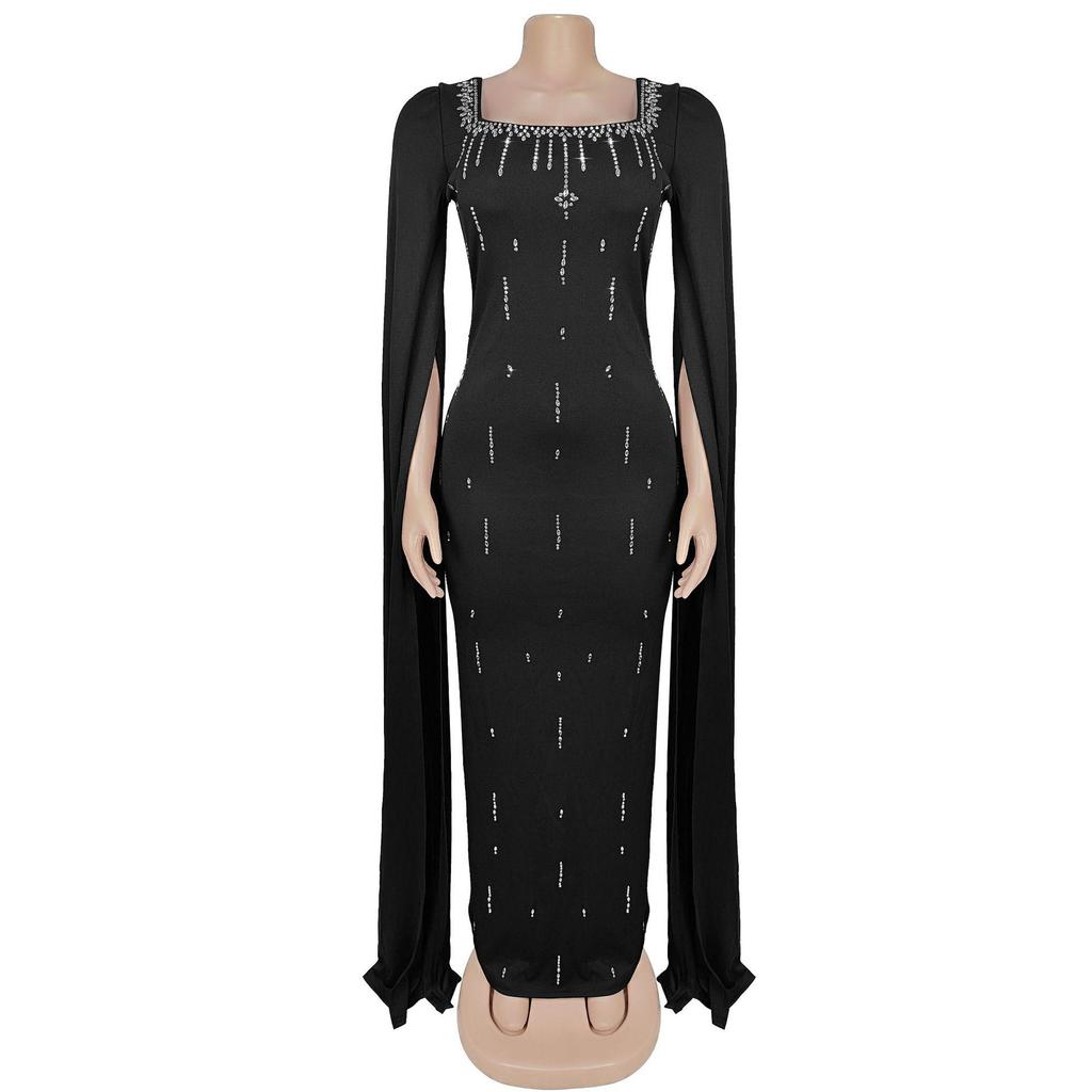 Cross-Border Elegant Women's Dress with Back Slit, Cape Sleeves, and Rhinestone Details