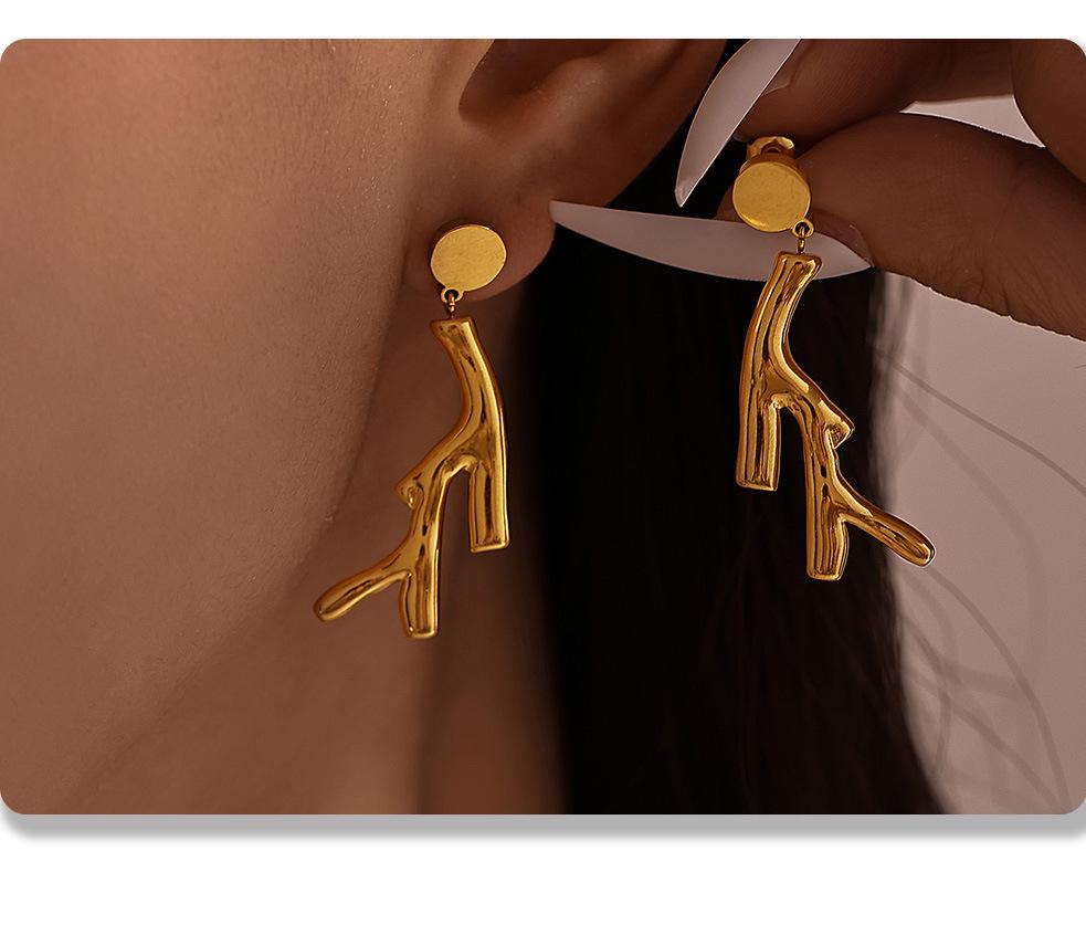 Qiong Yao Gold-Plated Irregular Tree Branch Dangle Earrings, Stainless Steel Studs, Colorfast Design