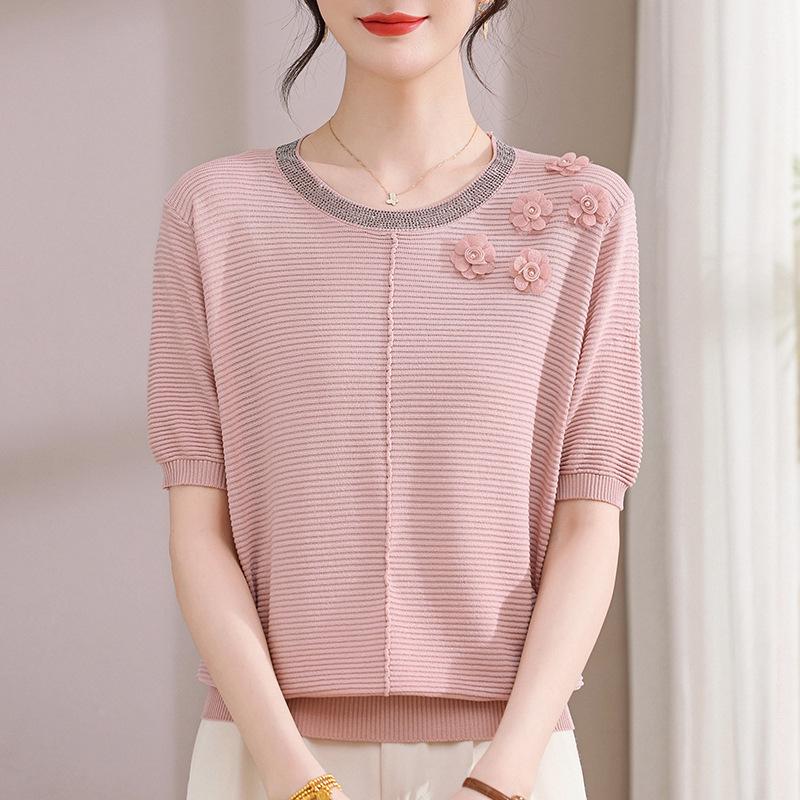 

New 2026 Summer Fashion: Ice Silk Short-Sleeved Tops for Middle-Aged and Elderly Women 2XL (115-135 lbs) розовый