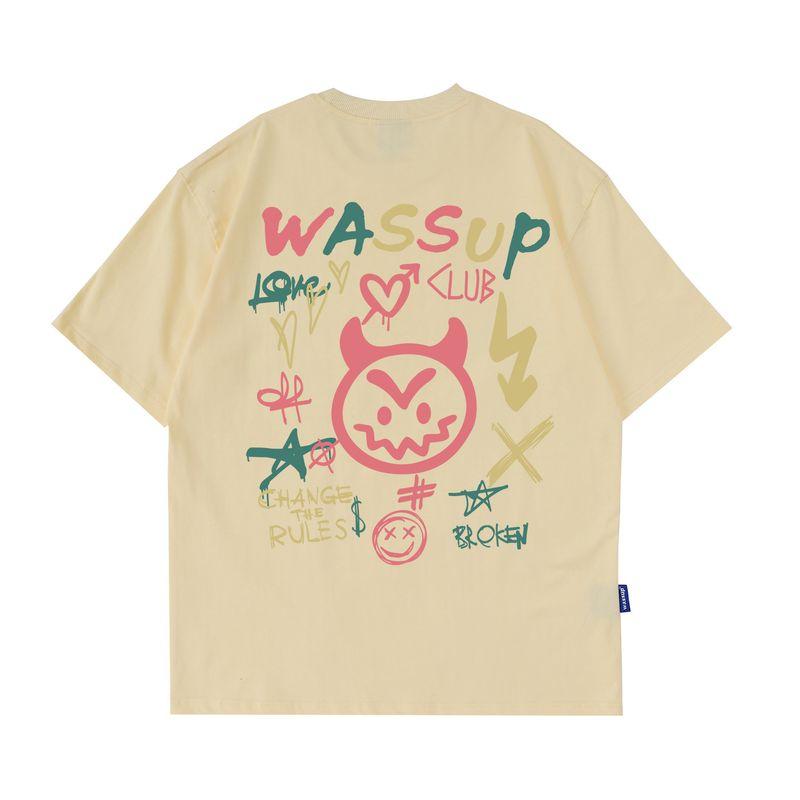 Wassup Heods Hand-Painted Graffiti Trendy Brand Couple T-Shirt Summer American Street Casual Round Neck Men's and Women's Short Sleeves