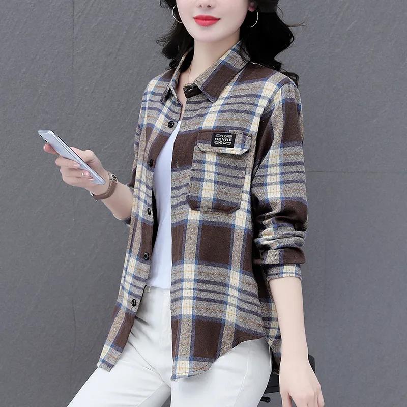 Checkered Long Sleeve Cotton Shirt for Women Fashionable Middle-aged Mother Spring Summer Autumn Trendy Casual Shirts Top
