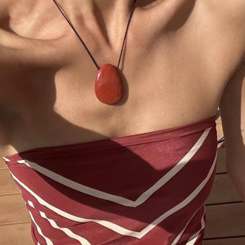 Handmade Irregular Stone Necklace with Adjustable Rope Cord Black Rope Sweater Chain for Daily Wear Comfortable Fit