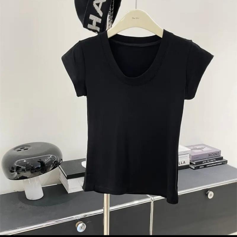 Letní bílé slim fit tričko s krátkým rukávem pro volný čas Dámské slim U-výstřih Kancelářská dáma Tričko Topy Elegantní Jednobarevné Jednoduchá trička Dámské oblečení 24226