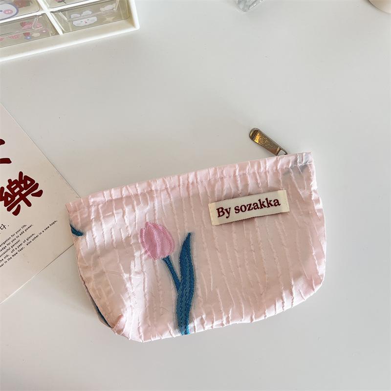 French Embossed Flowers Travel Cosmetic Storage Bag Wallet Cute Women Makeup Kits Handbags Phone Pencil Case Organizer Pouch Bag