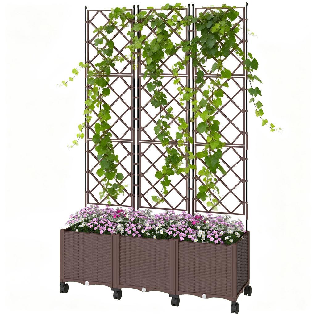 Plastic Raised Planter with Trellis, Self Watering Raised Bed for Garden with Wheels, Drainage Holes and Plugs