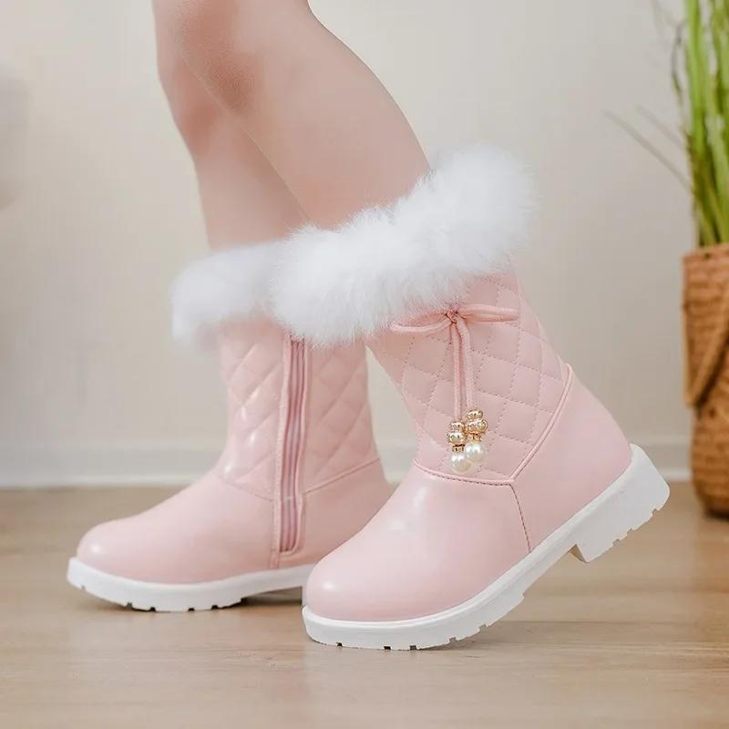 Girls Leather Snow Boots Warm Shoes for Winter Kids Princess Boots with Fur Sweet Girls Long Boots with Bow