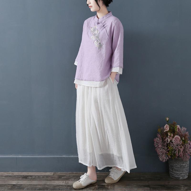 Koszule Damskie Długi rękaw Lniana Koszula Zapinana na guziki Bawełniany Haft Vintago Plus Size Damskie Top Bluzka Dekolt O Casual Biały