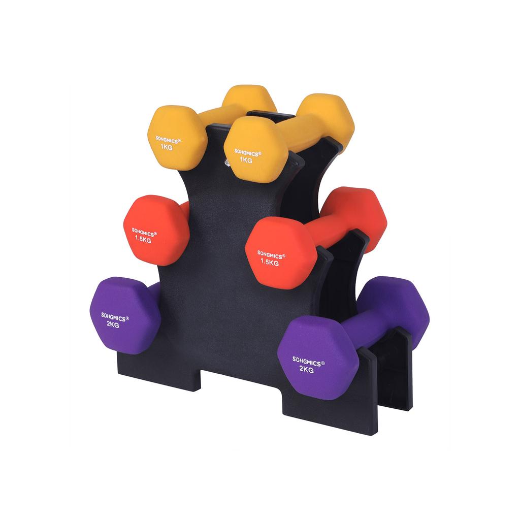 SONGMICS Hex Dumbbells Set with Stand, 2 X 1 Kg, 2 X 1.5 Kg, 2 X 2 Kg, Hand Weights with Neoprene Matte Finish, for Home Exercise, Yellow, Orange