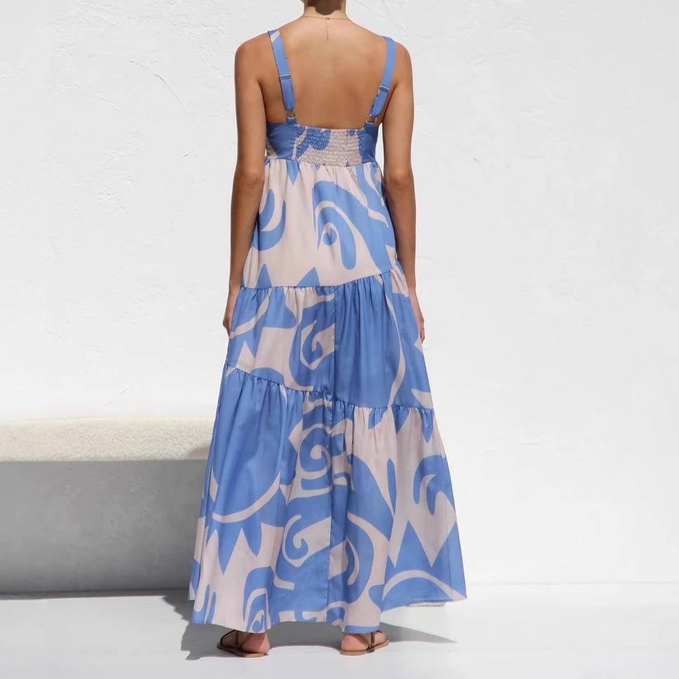 Womens Summer Boho Floral Dress Spaghetti Strap Square Neck Ruffle Casual Flowy A-Line Beach Swing Party Long Sundress Sleeveless Maxi Dress for Women