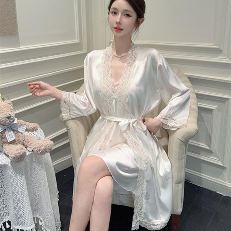 Ice silk pure desire wind suspender nightdress spring and summer sexy lace nightgown high sense two-piece set sweet loungewear women