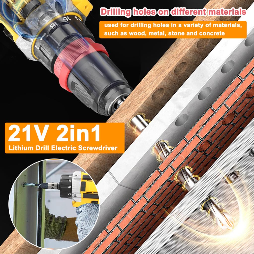 21V 2in1 Lithium-Bohrschrauber Elektroschrauber Multifunktions-Elektrowerkzeug Bürstenmotor mit hohem Drehmoment