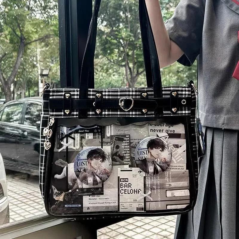 Women Fashion Checkered Pattern Retro Ita Bag Cute Girl Transparent Large Capacity Tote Bag New Shoulder Bag DIY Display Handbag