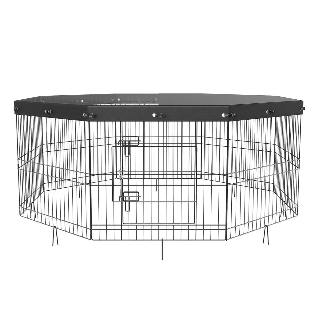 VEVOR Dog Playpen, 8 Panels Foldable Metal Dog Exercise Pen with Top Cover, 24" H Pet Fence Puppy Crate Kennel with Ground Stakes